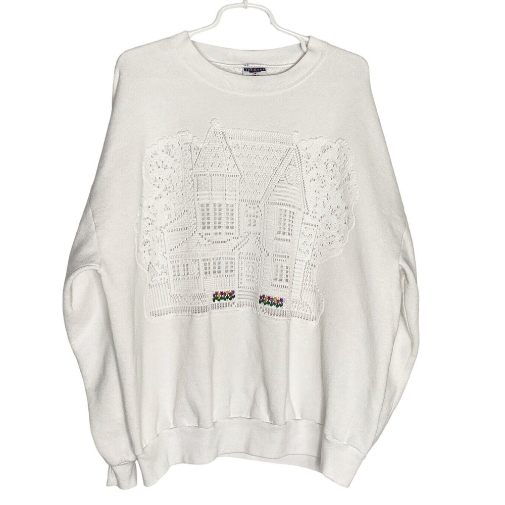 Vintage 80's Jerzees Mom Sweatshirt Victorian Mansion White Crewneck